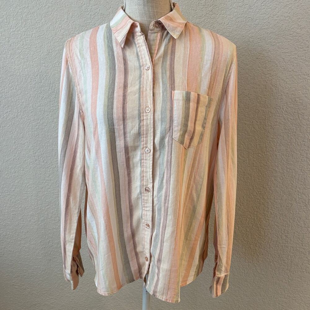 Saks Fifth Avenue Women's Linen Blend Button Down Striped Shirt Coastal Beach- M